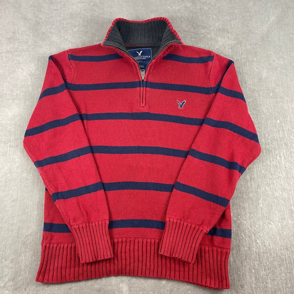 American Eagle Men XL Red Striped Quarter Zip Sweater Cotton Knit Pullover